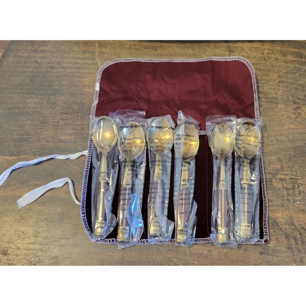 Mid Century Modern Thailand Brass Bronze Wood Teaspoon Flatware - Set of 6